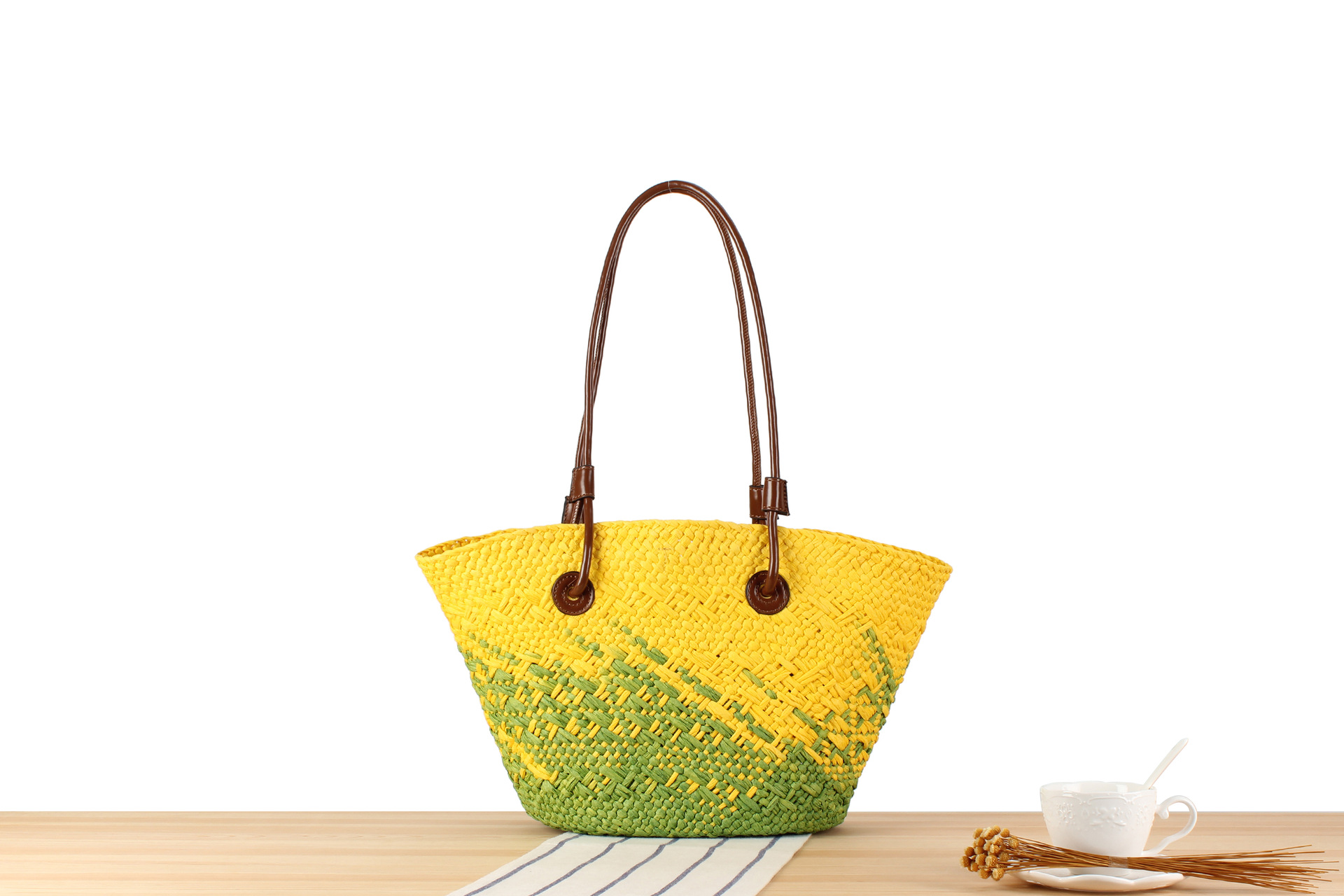 Small Fresh gradient Bluegrass Braided bag Large capacity Single Shoulder Underarm bag Hand woven Tote bag_voghion.com