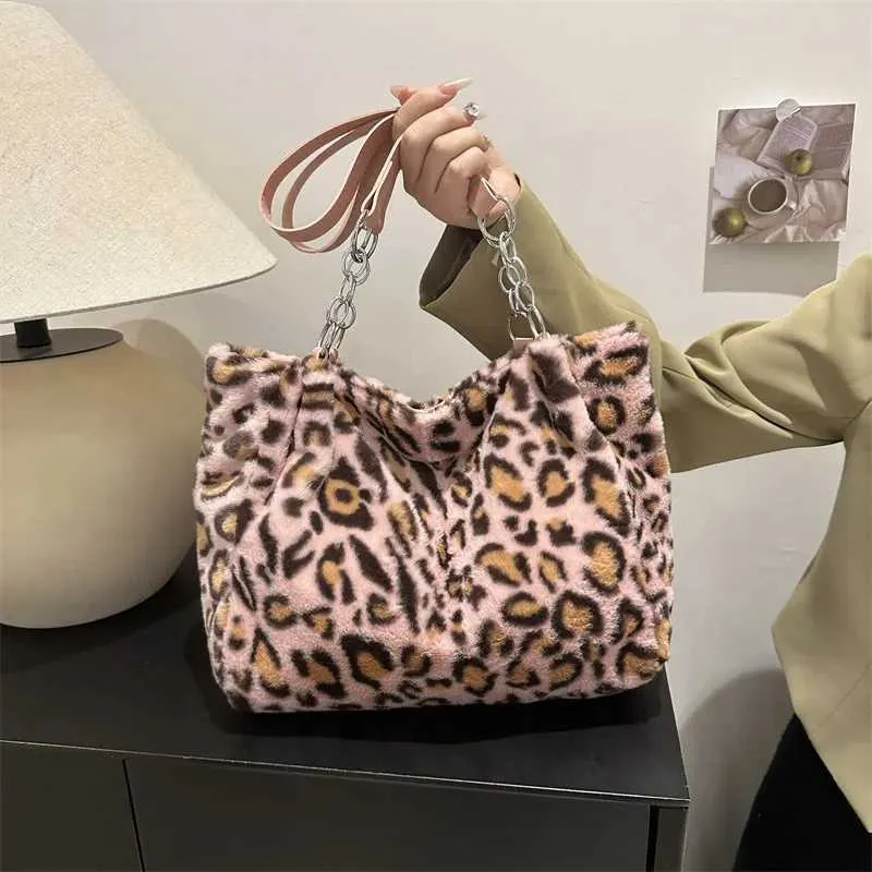 Sac à main en peluche à motif léopard vibrant, simple, grande capacité, moelleux, à bandoulière, style coréen, mode décontractée, chaîne_voghion.com