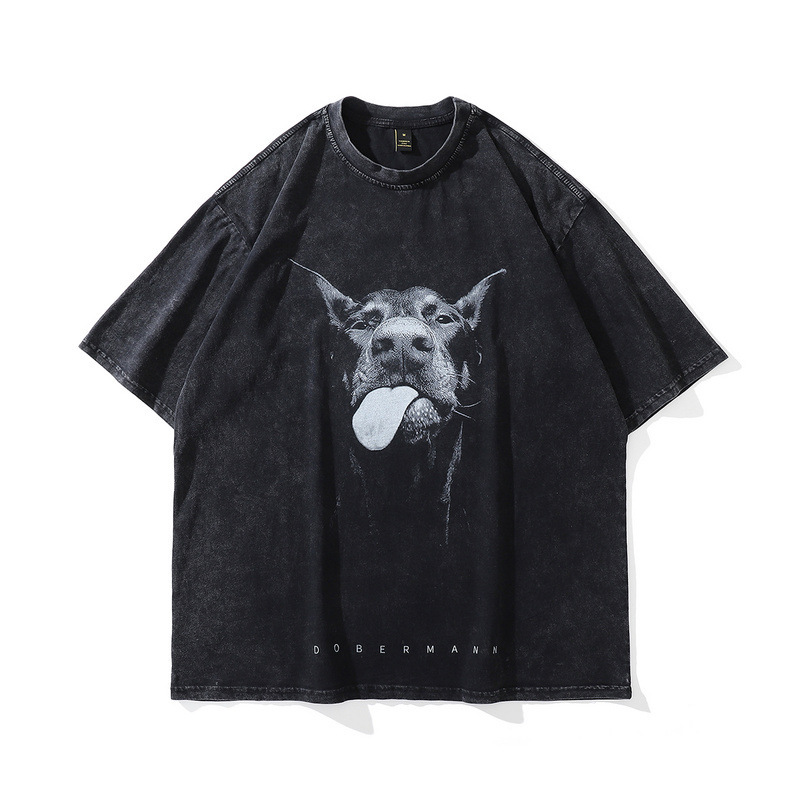 Maglietta estiva da uomo in stile americano, alla moda, vintage, lavata, con stampa di cane Doberman, a maniche corte, in cotone_voghion.com
