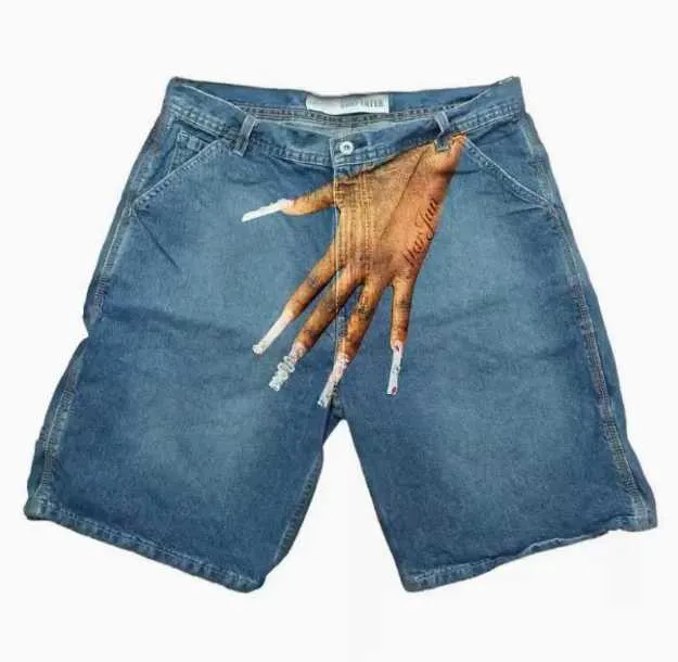 Pantaloni sportivi da uomo in denim con stampa a mano, stile retrò hip-hop, blu, Y2K, gotici, Haruku, pantaloncini da basket, pantaloni lunghi X240914_voghion.com