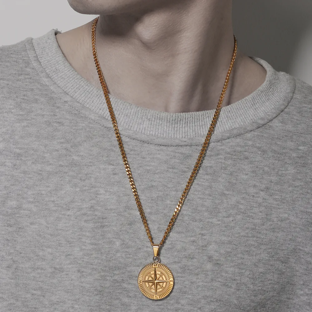 Colliers Hio Hop pour hommes en acier inoxydable avec pendentif boussole de voyage et voile, chaîne cubaine Figaro, collier décontracté_voghion.com