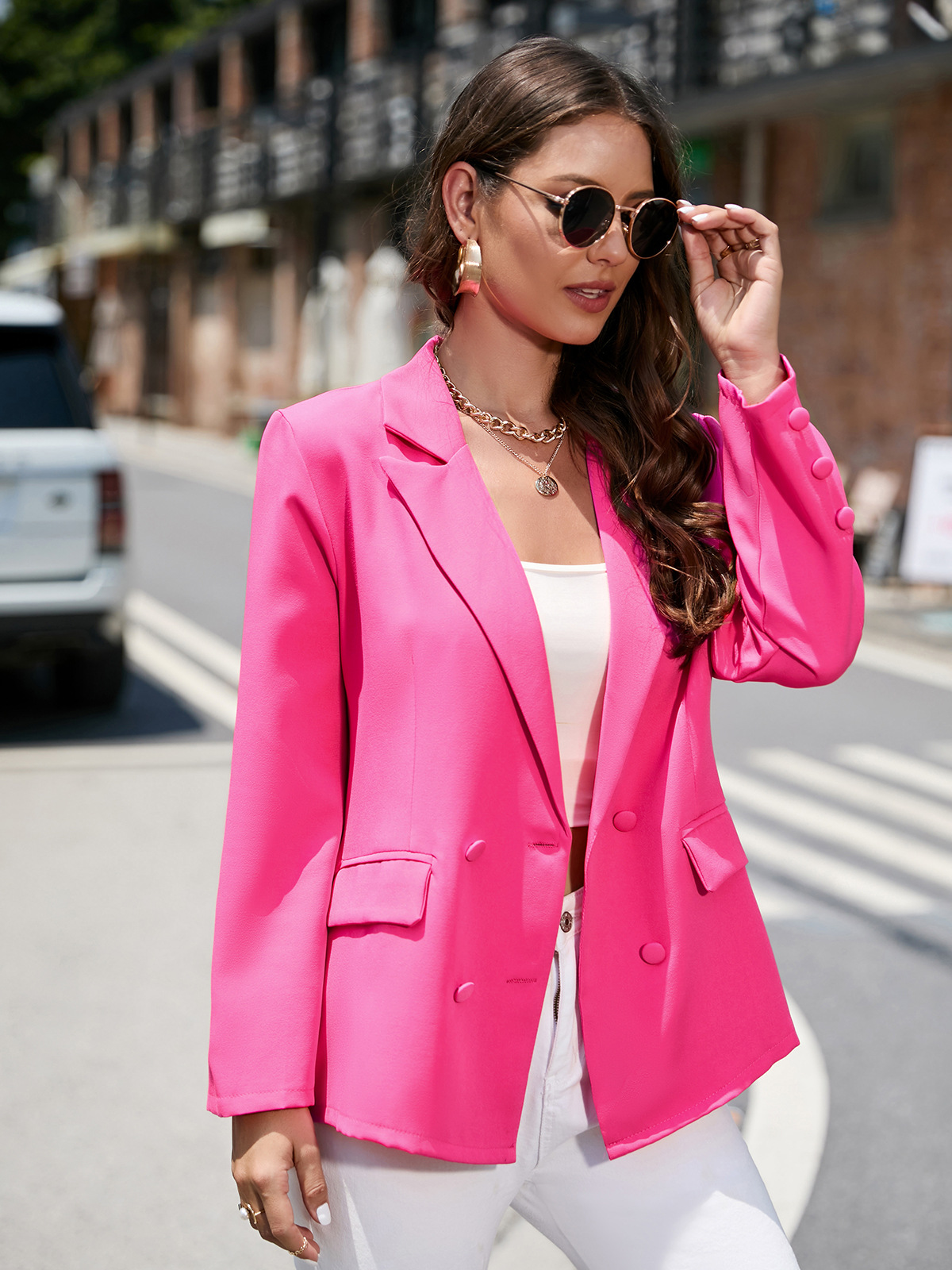 Petit costume à manches longues et revers de couleur unie pour femme, automne et hiver_voghion.com