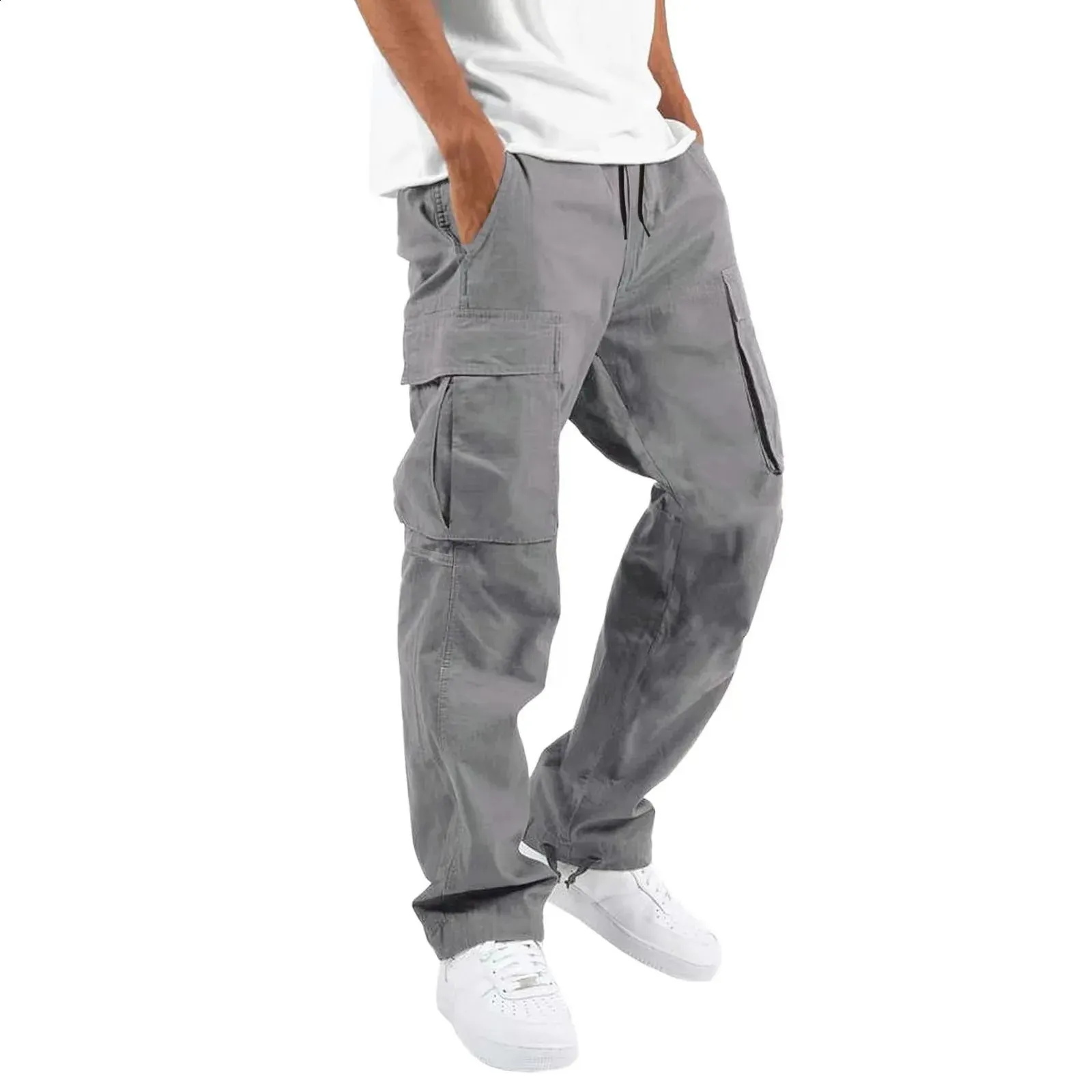 Calças para homens comprimento total cor sólida solta vários bolsos bolsos com cordão calças cargo masculinas 3XL 240813_voghion.com