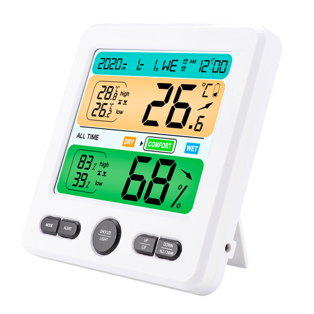 Stor LCD-skärm bakgrundsbelyst digital inomhustermometer och hygrometer för hemmet med väckarklocka och max/min-inspelning_voghion.com