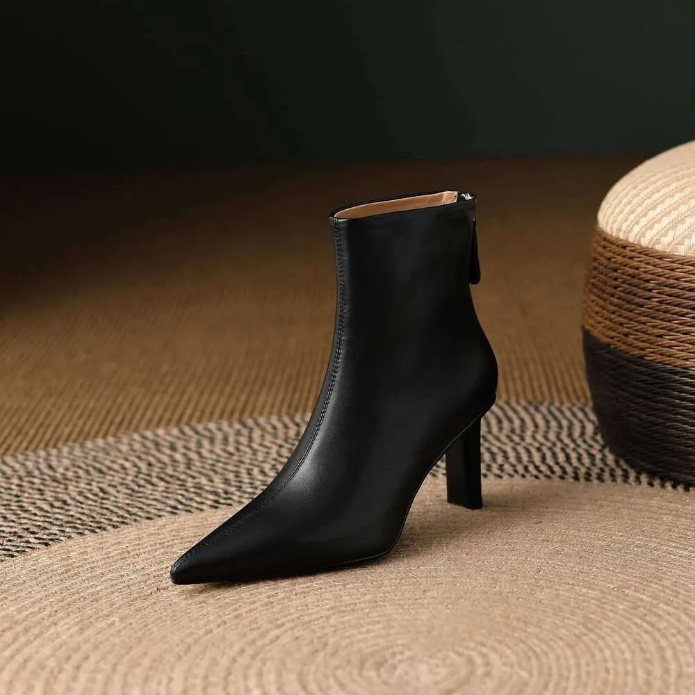 Cow Leather Pointed Toe High Heels Zipper Modern Warm Winter Shoes Concise Fashion Solid Elegant Ankle Boots_voghion.com