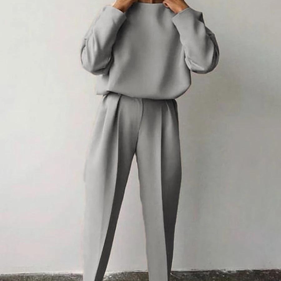 Ropa de mujer Otoño e invierno 2024 nuevo conjunto de dos piezas de pantalón casual de manga larga de color sólido suelto
