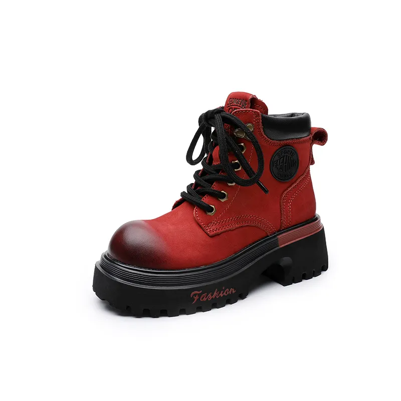 Genuine Leather Motorcycle Boots For Women Round Toe Thick Sole_voghion.com