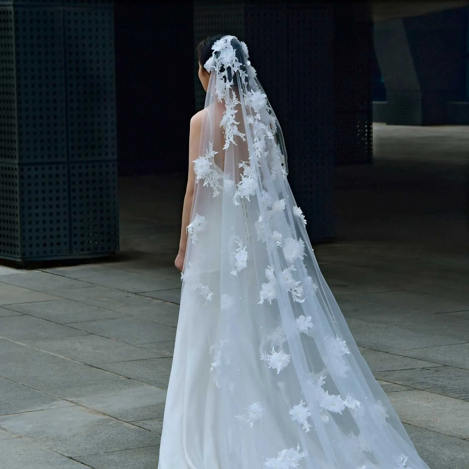 Hair Jewelry Super Pearls Beaded Wedding Veil 3D Flowers Long Cathedral Soft Bridal Illusion With Comb Bride Accessories_voghion.com