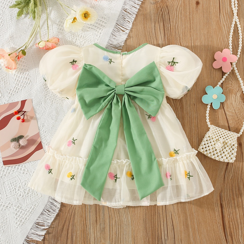 Summer Baby Clothes Puff Sleeve Flower Embroidery Beauty Bow Dress Children's Dress_voghion.com