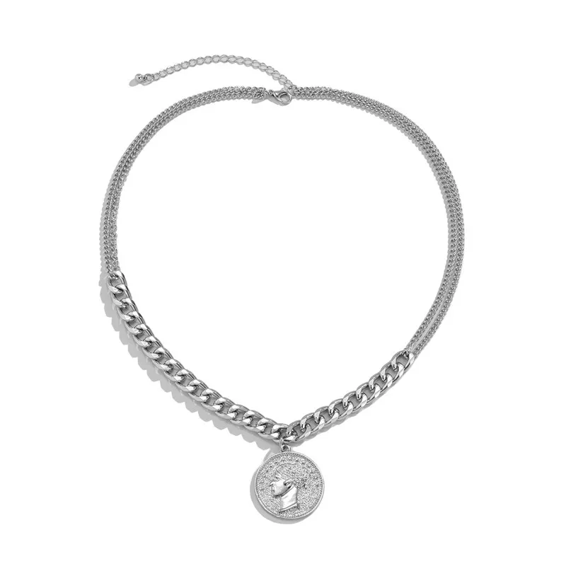 Anheng Halskjeder Punk Gull Sier Farge Utskåret Portrett Halskjede For Kvinner Jente Metall Chunky Chain Choker Fest Smykker_voghion.com