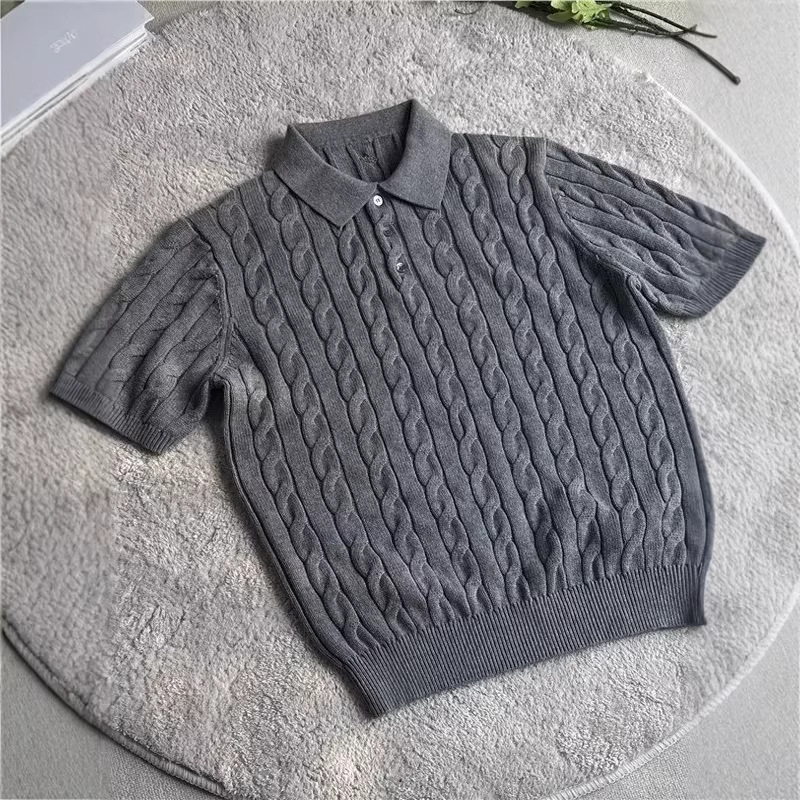 ​​Men’s Cable Knit Polo Shirt – Classic Short-Sleeve Casual Top With Asymmetric Design (Grey/Black/Beige/Navy, M-3xl)​​