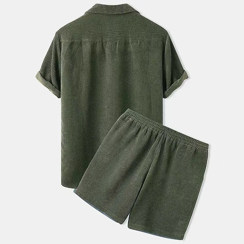 Spring Summer New Solid Men Corduroy Suit Short-sleeve Button Shirts And Shorts Two Piece Sets Casual Outfits Streetwear_voghion.com
