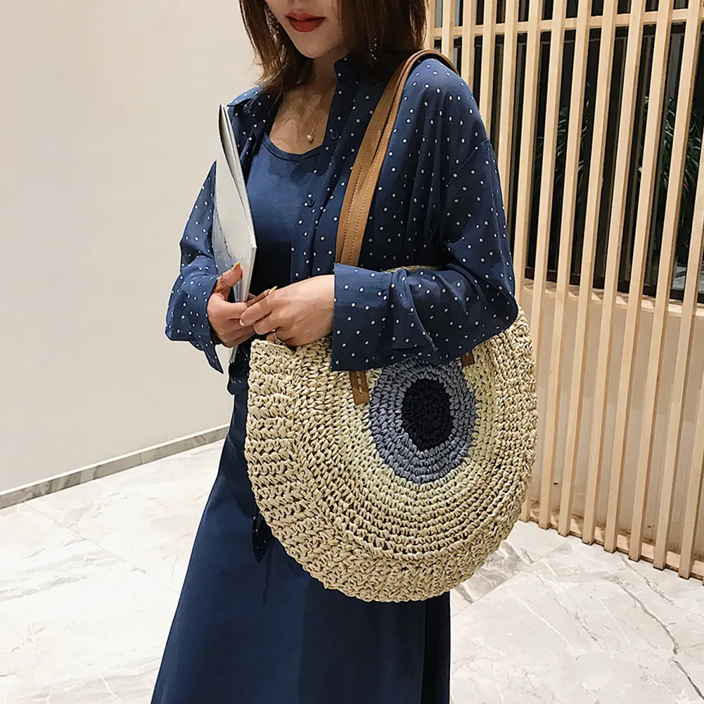 Borsa a tracolla rotonda estiva da donna in rattan intrecciato, in paglia, fatta a mano, da spiaggia, per la spesa, con manico superiore_voghion.com