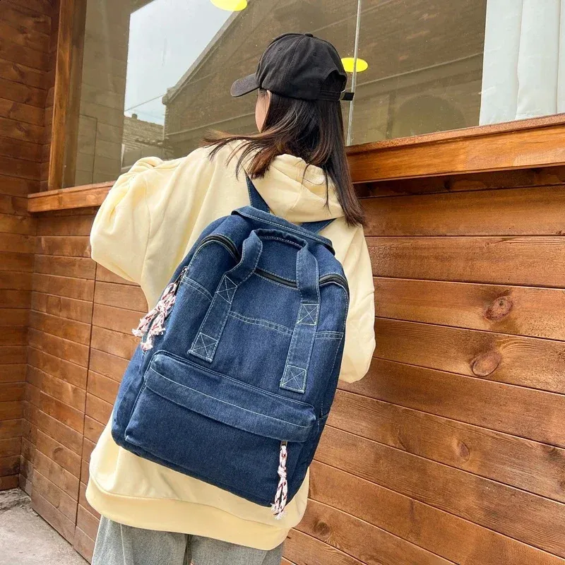 Retro Denim Womens Backpack Canvas Shoulders Bag College Knapsack Big Packbag Travel Rucksack Student Jeans Mochila Y2K_voghion.com