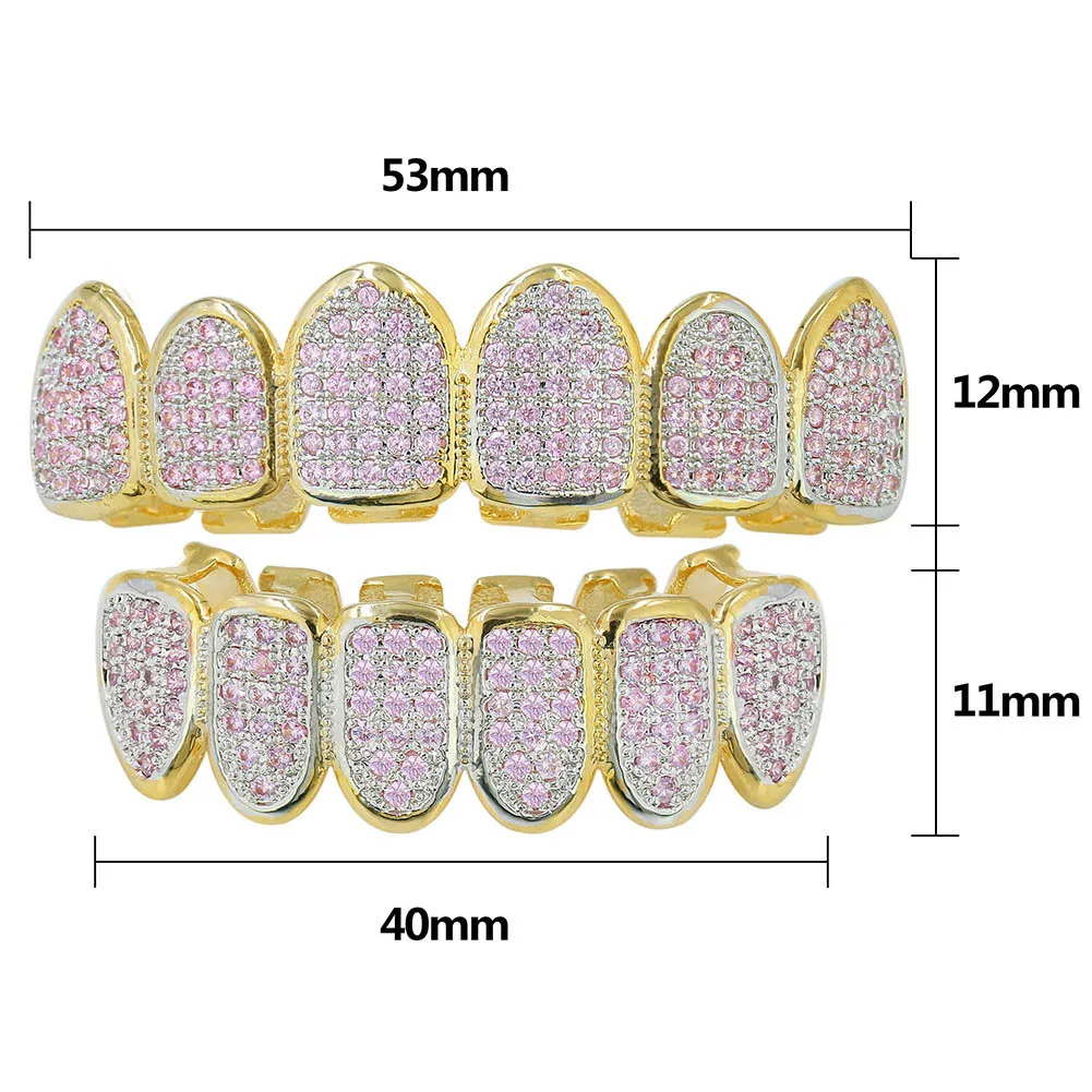 Rose Weißgold Vampir Grillz Iced Out Fang Grills Voller bunter Durchmesser Cosplay Zahnkappe Zahnspange_voghion.com