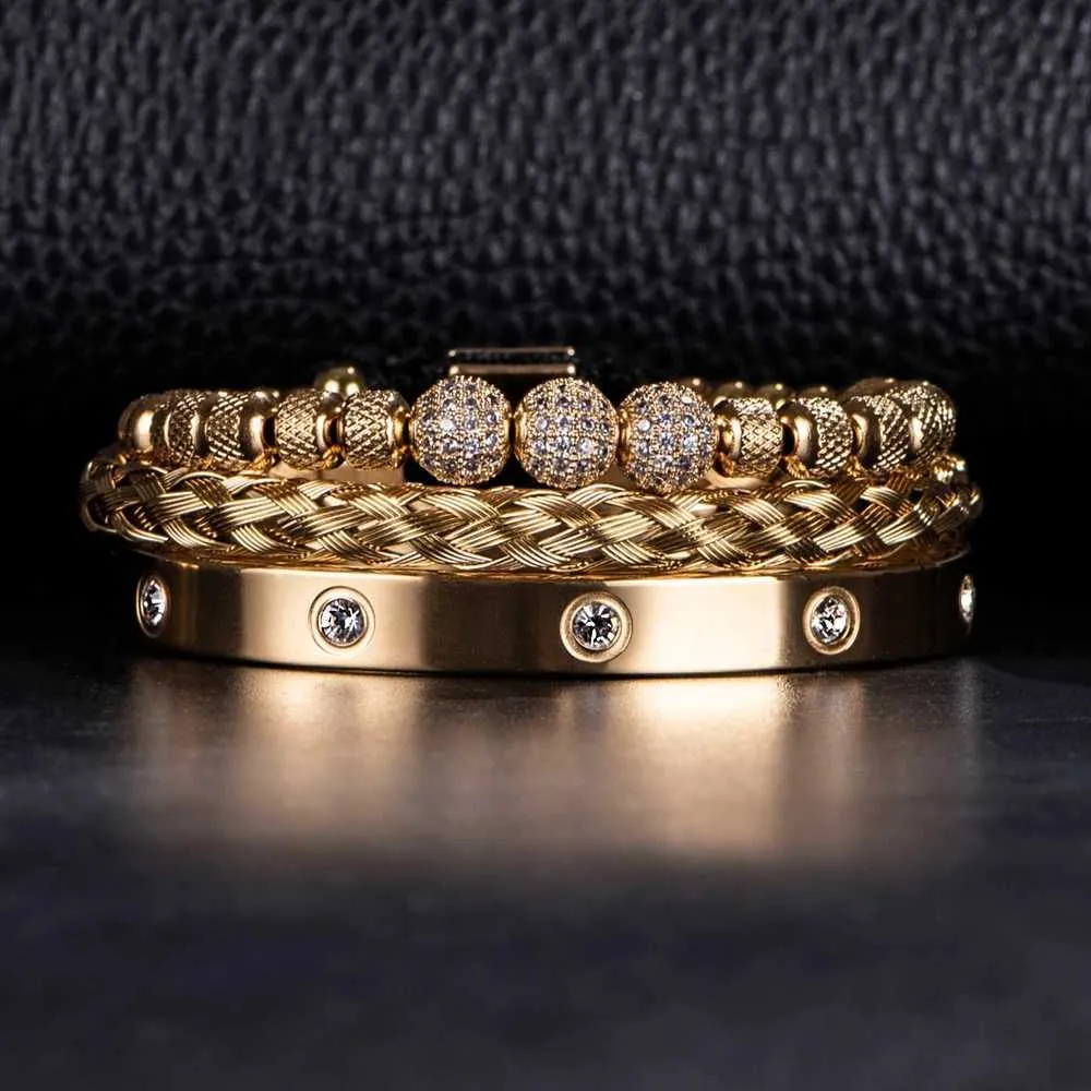Pulseira 3 Deluxe Micro Pay CZ Contas Redondas Royal Charm Pulseira Masculina de Cristal em Aço Inoxidável Casal Joias Feitas à Mão Presentes_voghion.com