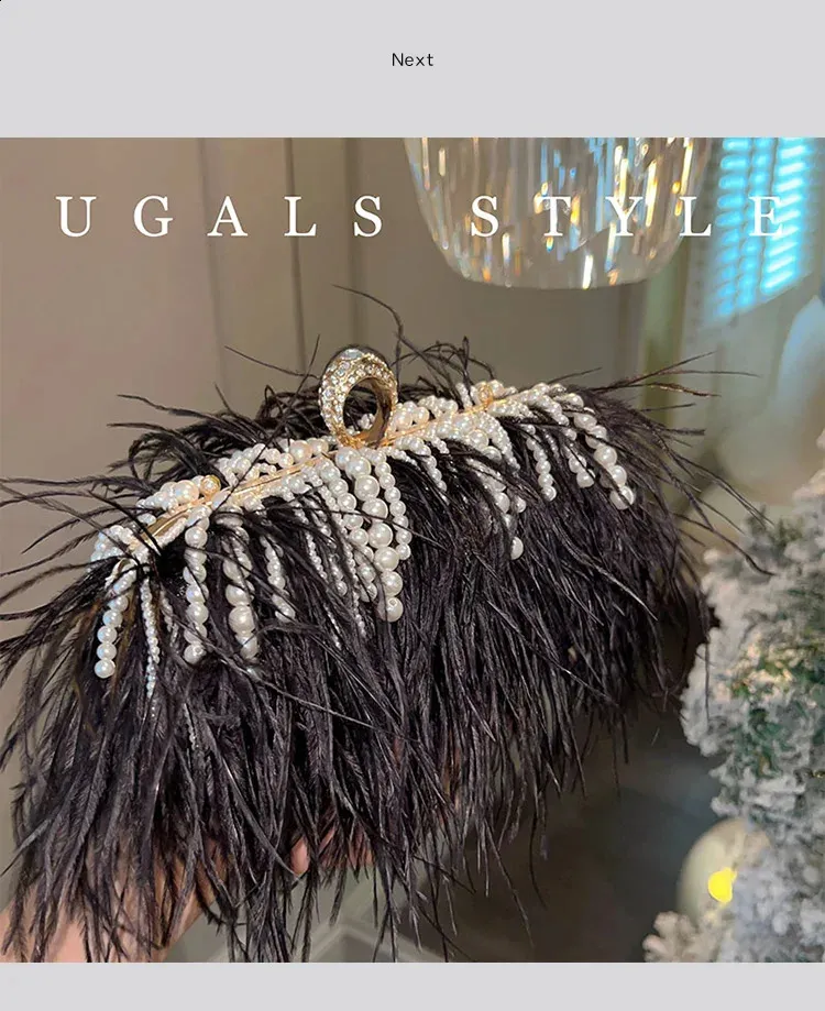 Pochette de soirée en plumes avec perles pour mariage et soirée_voghion.com