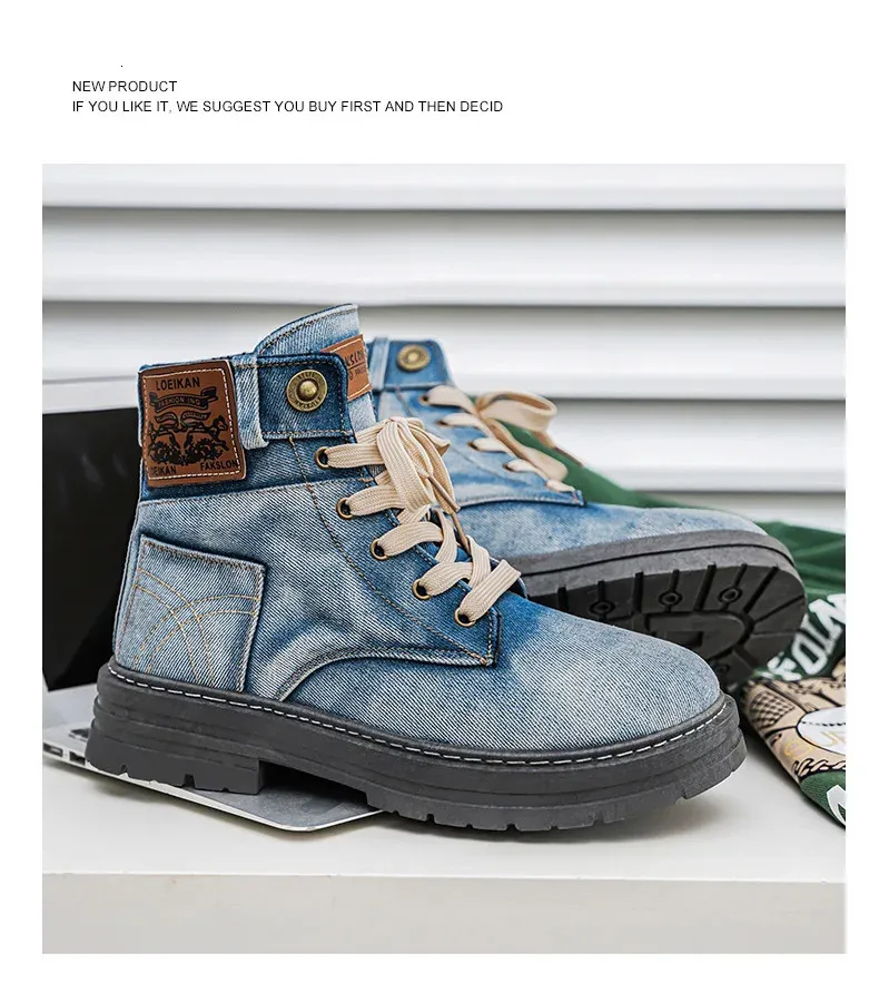 Denim Mid Top Casual Boots For Men Breathable Height Increasing_voghion.com