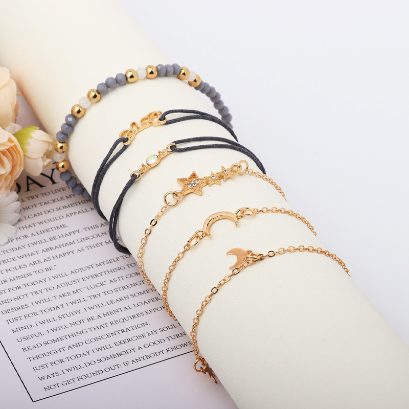 New Style Star Moon Personalized Pendant Bracelet String Grey Bead Handicraft Set of Six Bracelets_voghion.com