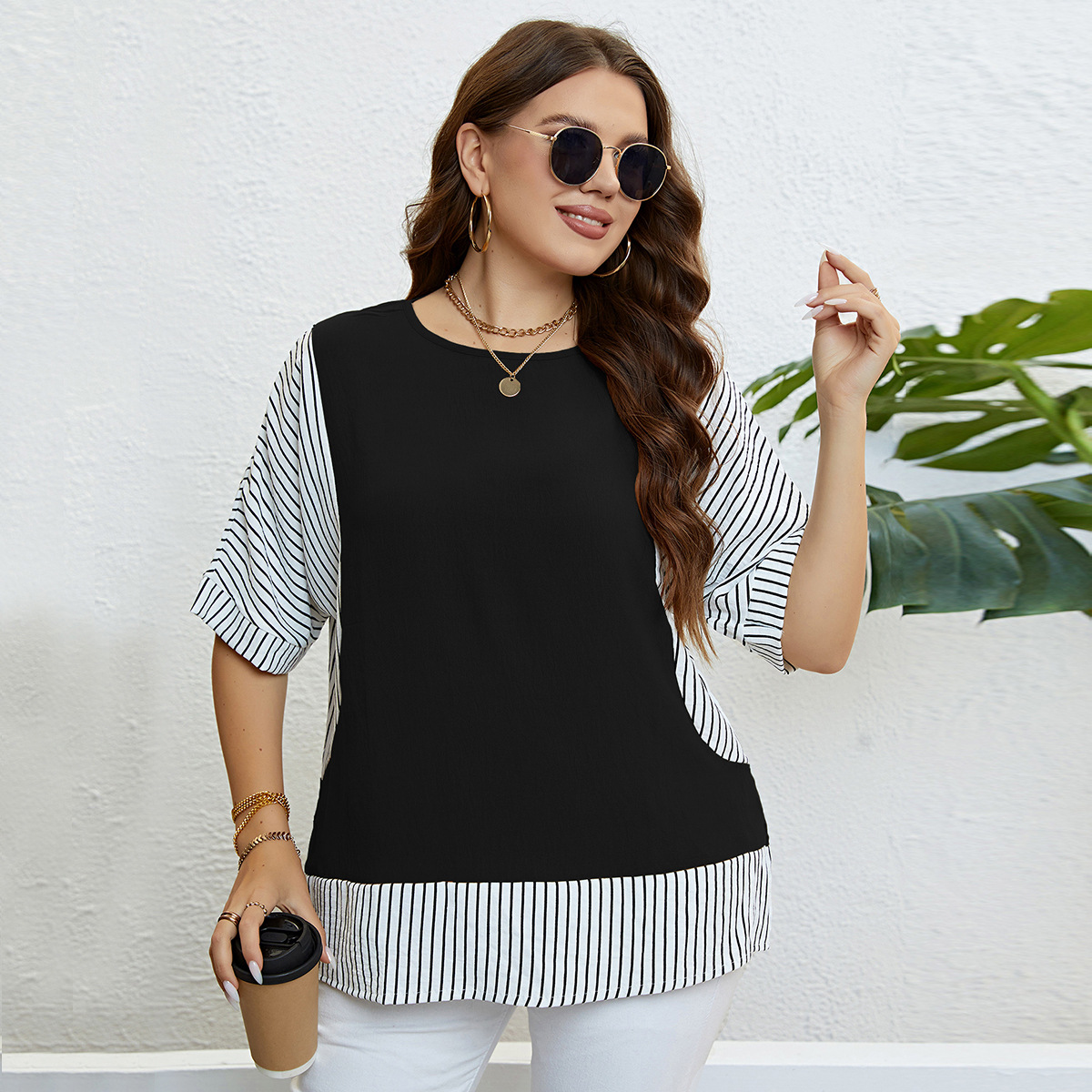 Damen Top mat ronnem Ausschnëtt, zweedeeleg, grousser Gréisst_voghion.com