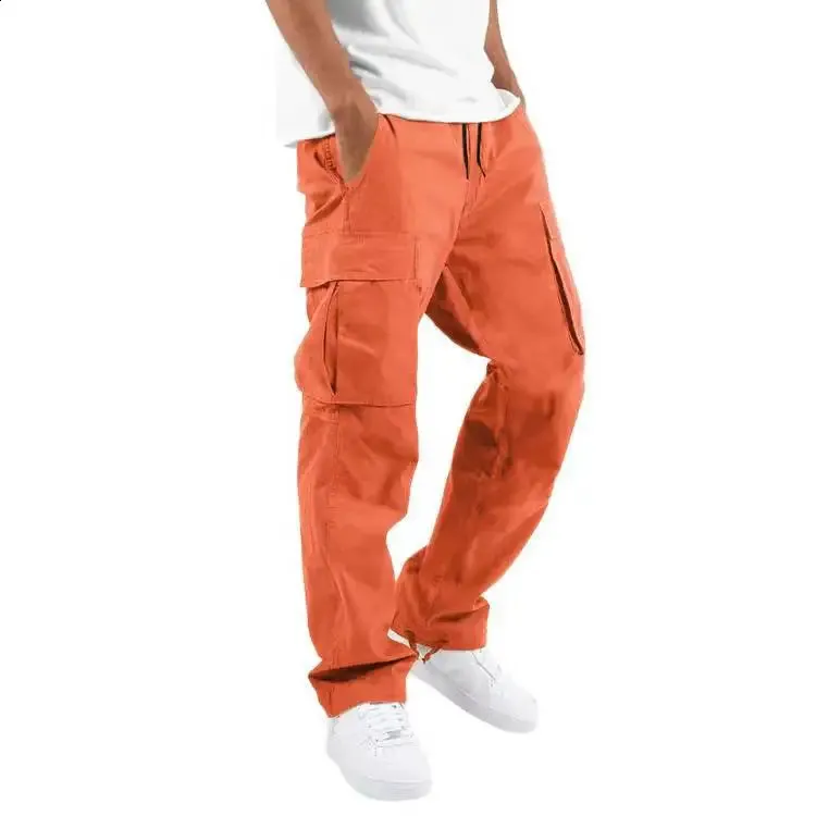 Calças para homens comprimento total cor sólida solta vários bolsos bolsos com cordão calças cargo masculinas 3XL 240813_voghion.com