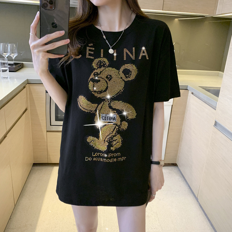 T-shirt estiva a maniche corte nera Bear Hot Diamond da donna in cotone pettinato, versione ampia di media lunghezza_voghion.com