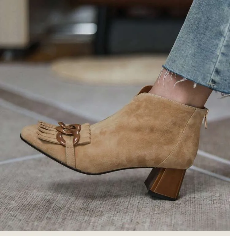 New Autumn/Winter Women Sheep Suade Toe Square Heel Mid-Heel Ankle Boots Fringed Zipper Fashion Office Lady Shoes_vogvips.com