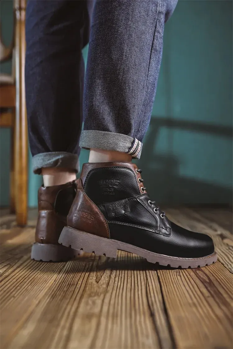 Bottines de travail en cuir marron pour homme, faites à la main, pour l'automne et l'hiver, style vintage, en tendon de bœuf, 240830_voghion.com
