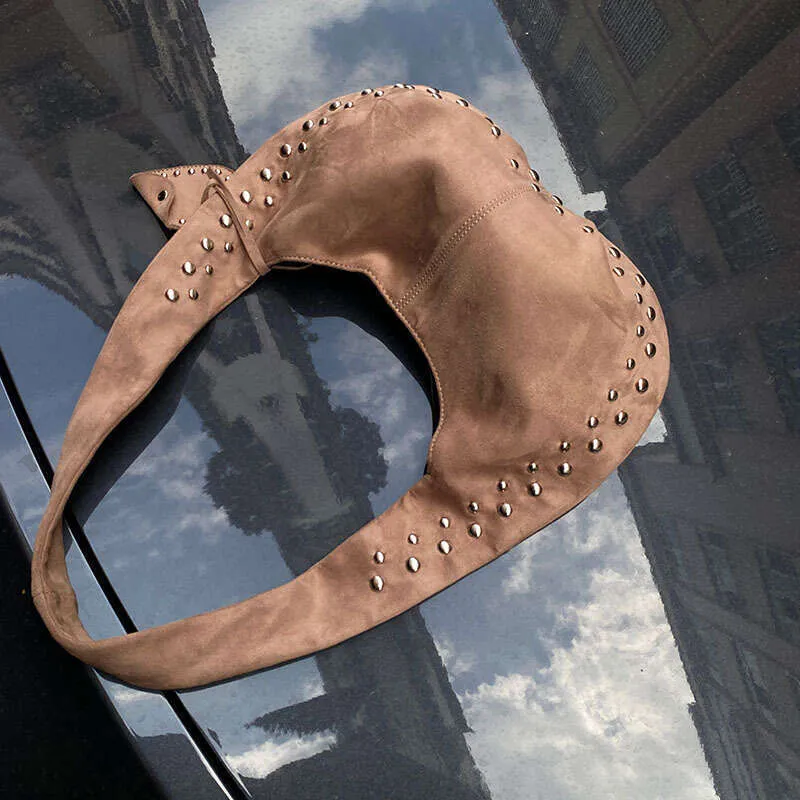 Geantă de umăr decorativă Retro Nit nouă, geantă europeană și americană pentru motocicletă, geantă de mână din piele Nubuck Armpit pentru femei_voghion.com