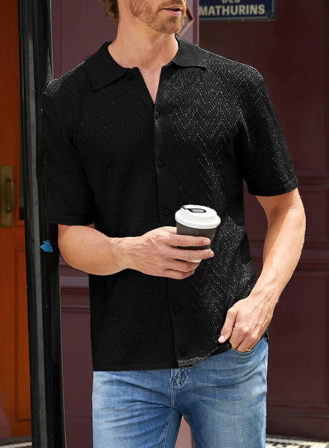 Ropa de hombre Camisa de punto informal para hombre Camisa de manga corta para hombre Cárdigan de color liso Tops calados Ropa de hombre_voghion.com