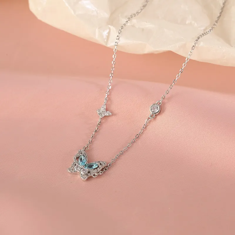 Chaînes en argent sterling avec pendentif papillon brillant pour fille douce, bijoux élégants à la mode, chaîne de clavicule pour femmes_voghion.com