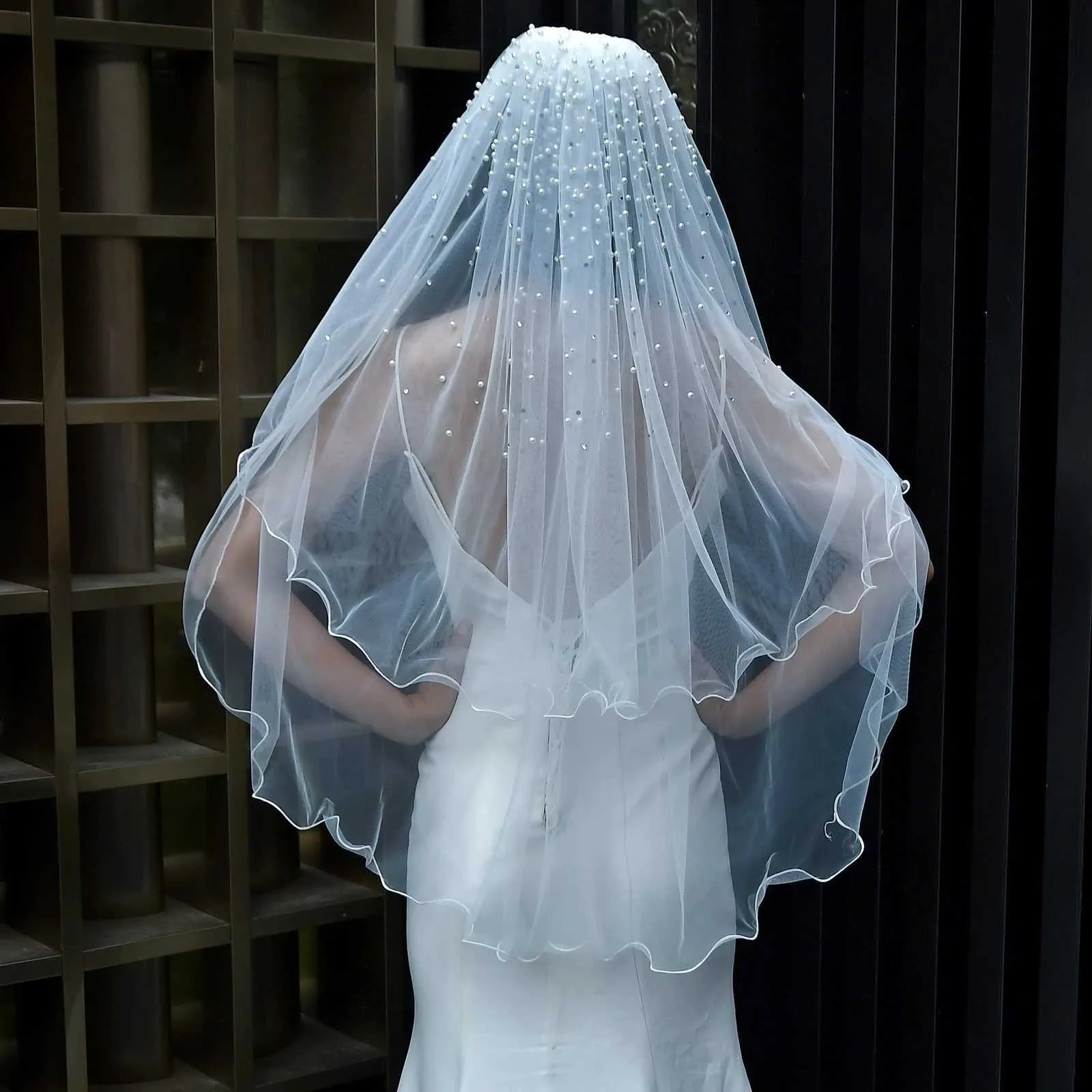Hair Jewelry MZA32 2 Tier Veil With Blusher Pearls Bridal Veils Elbow Length Wave Pencil Edge Soft Wedding Accessories_voghion.com