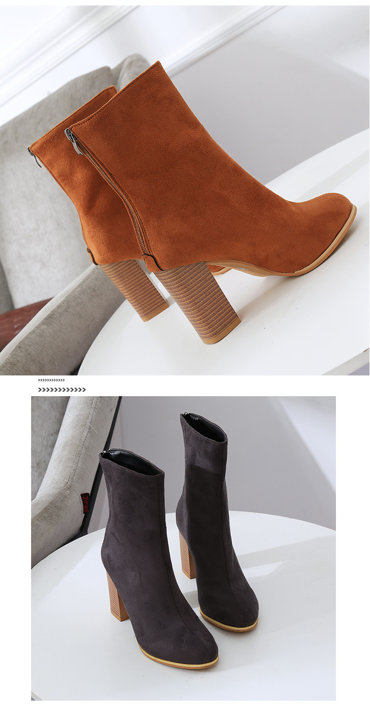 Bottes Martin à bout pointu et mi-tube pour femmes, talons hauts, à la mode, slim, fermeture éclair au dos, en daim, talon épais, nouvelle collection_voghion.com