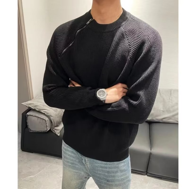 Suéter de cuello redondo con cremallera de moda para hombre, suéter de punto holgado informal versátil para hombre