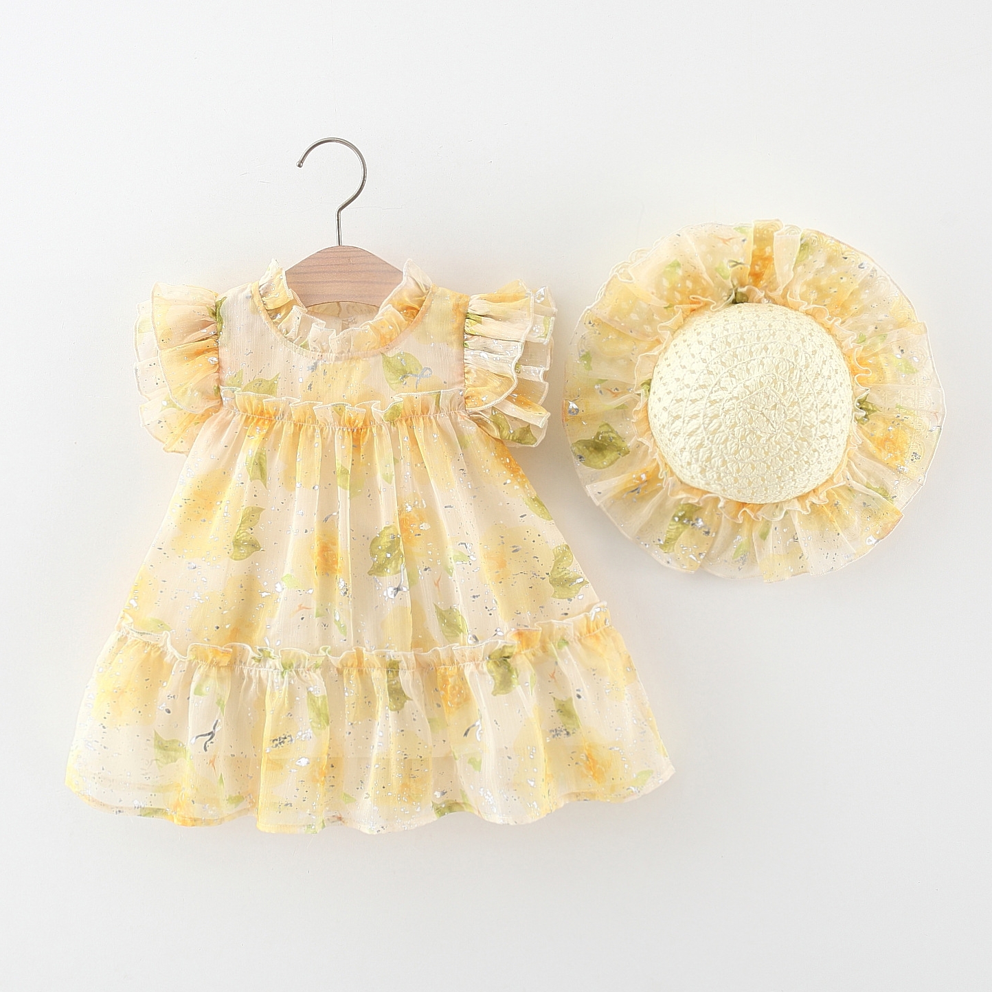 Baby Yellow Dress Baby Girl Rose Flower Printed Chiffon Princess Dress Send Beach Hat_voghion.com