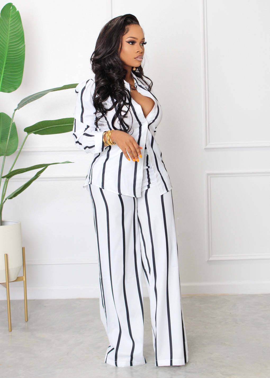 Camicia a maniche lunghe stampata a righe e pantaloni, completo due pezzi_voghion.com