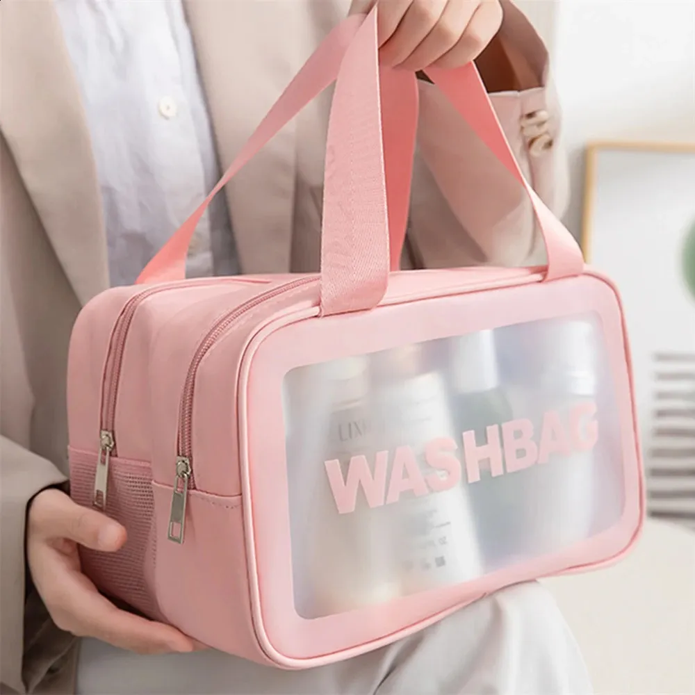 Fashion portable large capacity makeup Double layer frosted dry wet separation wash bag; Multifunctional travel storage_voghion.com