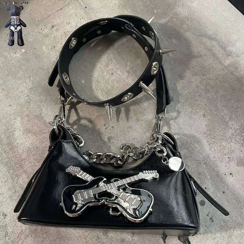 Dee selwechte Stil wéi Blogger Punk Nieten Gothic Rock Guita Metall Schnallen Handtasche Frae Schëller Pikant Meedercher Crossbody Tasche_voghion.com
