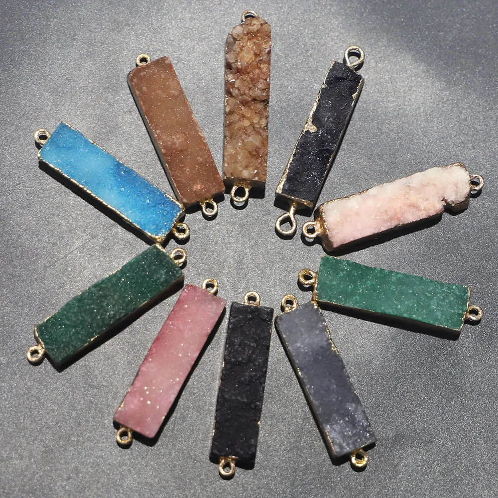Colliers pendentifs en pierre druzy naturelle à double boucle, connecteur à bord doré à la mode, tranche d'agate minérale en métal, breloque géode_voghion.com