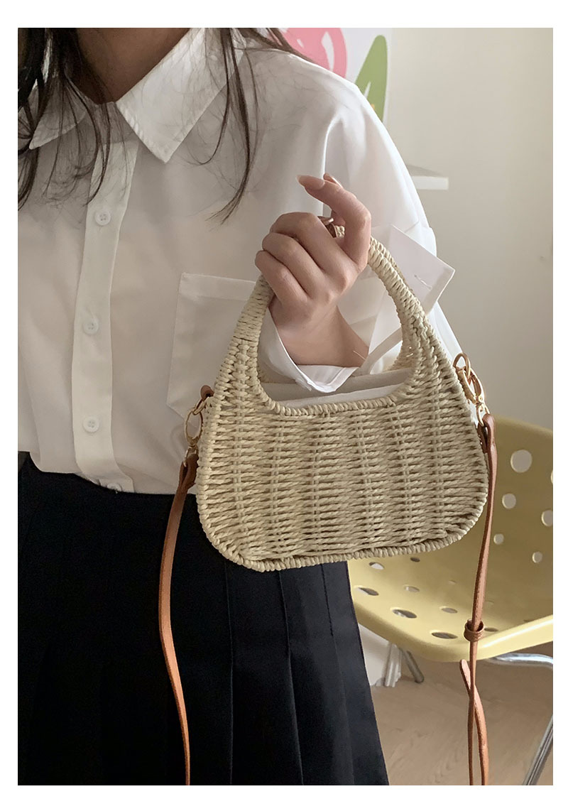 Einteilige Umhängetasche aus Stroh, vielseitige handgehaltene Strohtasche, gewebte Tasche, Urlaubs-Strandtasche, koreanische Rattantasche_voghion.com