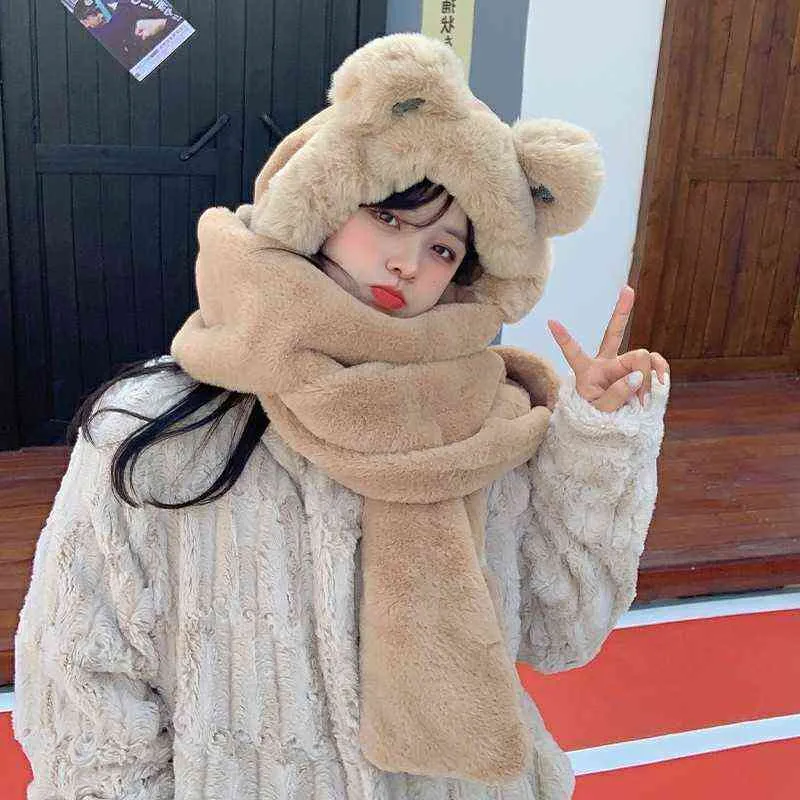 Hats Sets Scarves Winter Fur Cap Snow Hat Christmas Gift Cute Girl Versatile Scarf Integrated Warm Gloves Bib Three_voghion.com