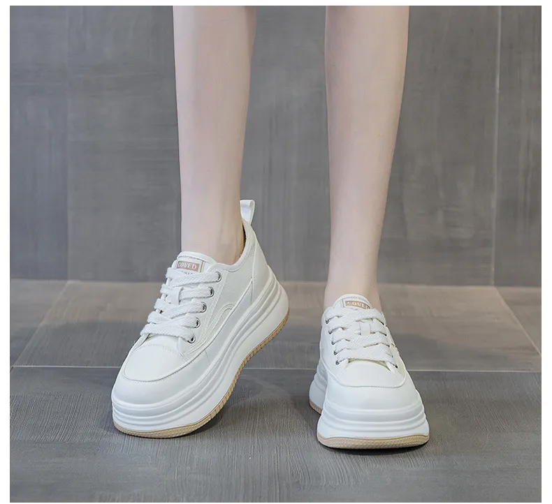Genuine Leather Thick Sole Round Toe Raised Small White Casual Comfortable Trendy And Versatile Women Board Shoes_voghion.com