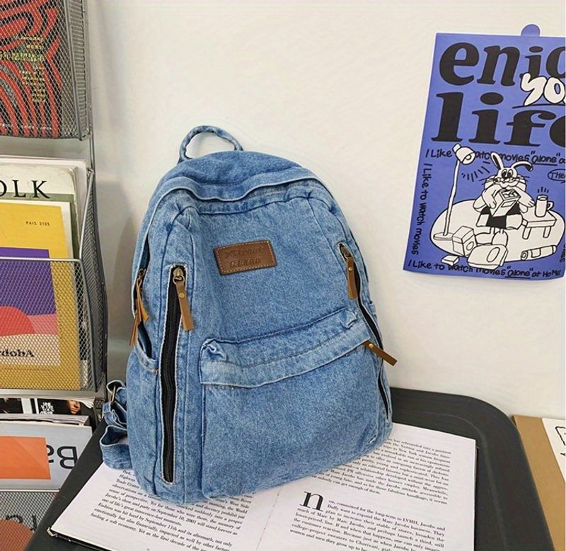 Vintage denimväska, Preppy College skoldagsresor pendlarryggsäck och laptopväska, unisexväska för vardagsbruk_voghion.com