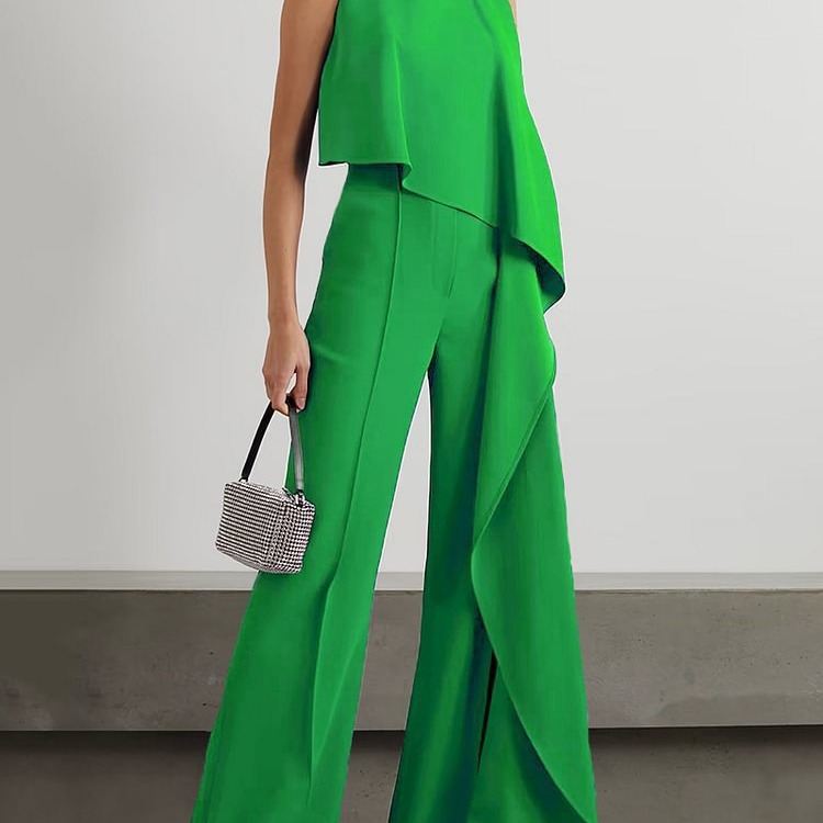Women's Clothing solid color fashion temperament vest high waist wide leg pants women's irregular zipper jumpsuit women