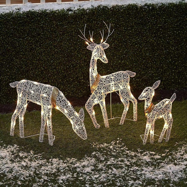 Lot de 3 décorations de jardin de Noël en forme d'élan et de cerf en fer avec lumière LED et paillettes scintillantes_voghion.com