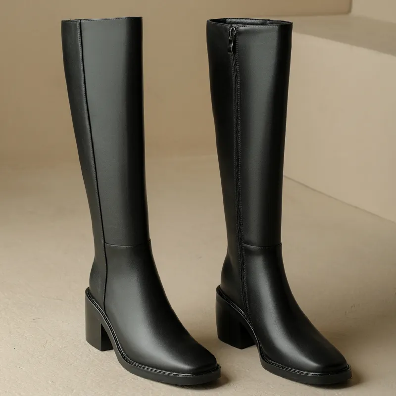 Genuine Leather Tall Women Thick Heels Knee High Boots Autumn Winter Warm Ladies Long Shoes Black Elegant Designer_voghion.com