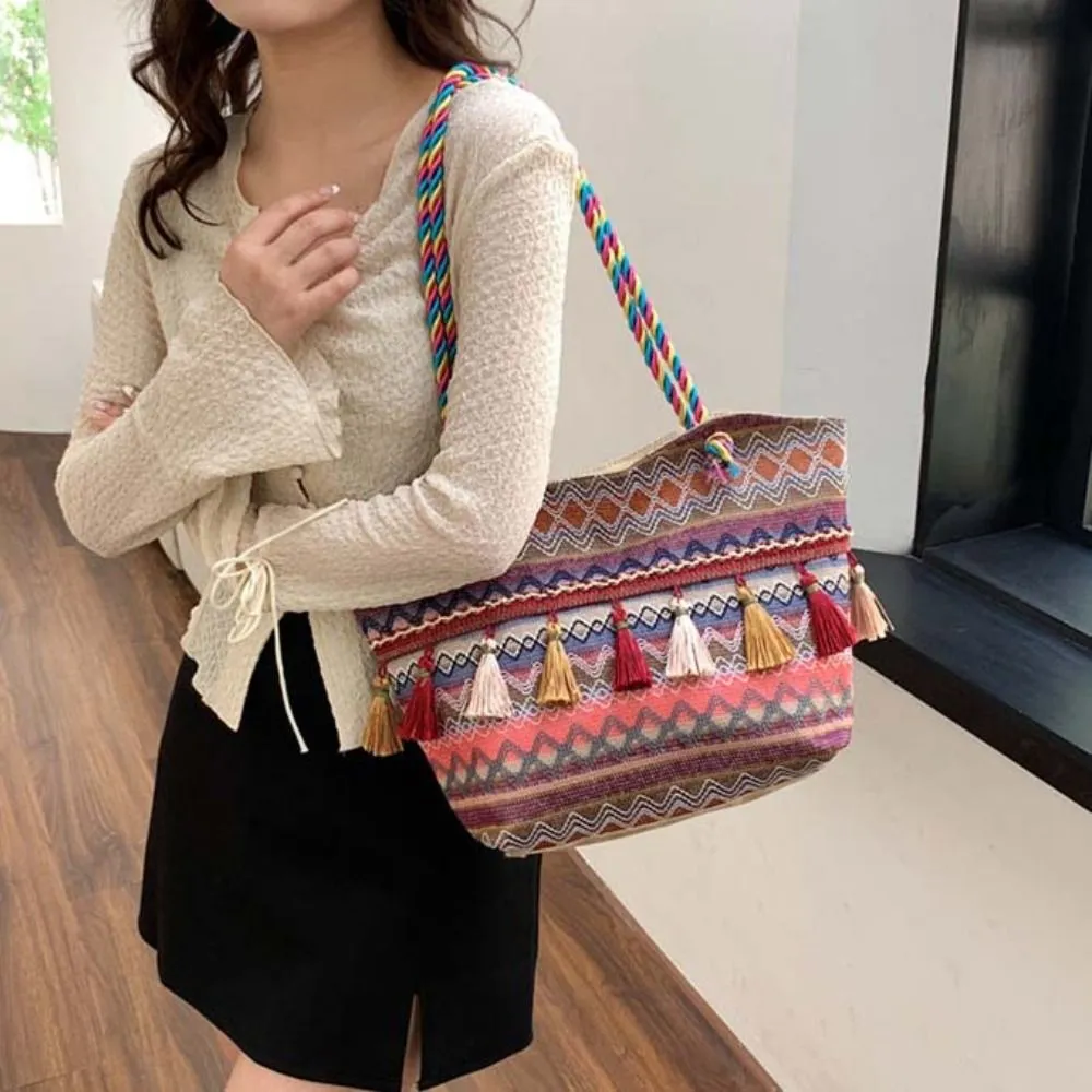 Stripe Ethnic Shoulder Tassel Large Capacity Canvas Colorful Handbag Travel Storage Bag Korean Style_voghion.com