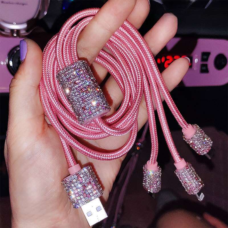 Elmas Gömülü Bir ila Üç Hızlı Şarj Veri Kablosu, Araba USB Çakmak, Cep Telefonu Şarj Cihazı_voghion.com
