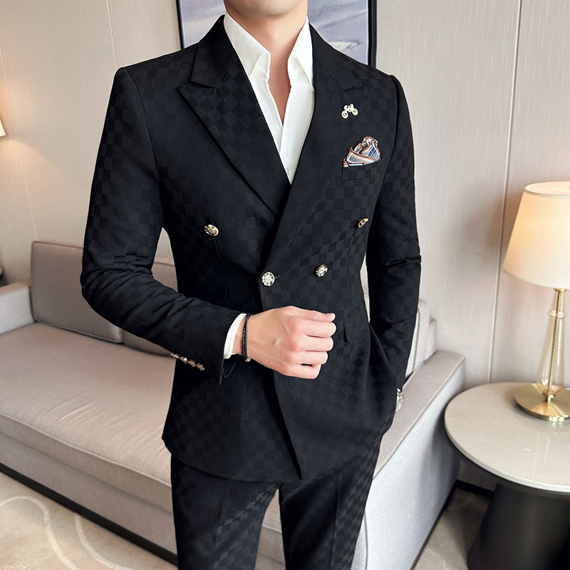 Ropa para hombres Nuevos trajes de alta gama para hombres, estilo ajustado, moda a cuadros, trajes de negocios con doble botonadura, tendencia de vestido de boda