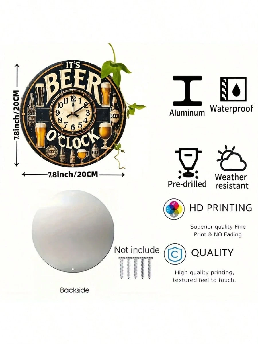 1 plaque en aluminium « Horloge à bière », idéale pour décorer une chambre, un mur, une salle de bain, un bar, un café, un garage, une villa ou toute autre pièce. Dimensions : 19,8 x 19,8 cm._voghion.com
